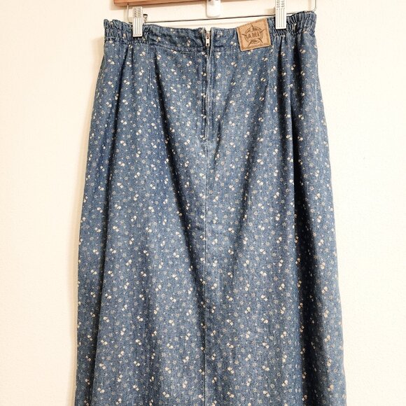 Vtg AMI Women Denim/Jean Midi Fit Flare Floral Skirt Sz10 Y2K Retro Look Western - Picture 11 of 14